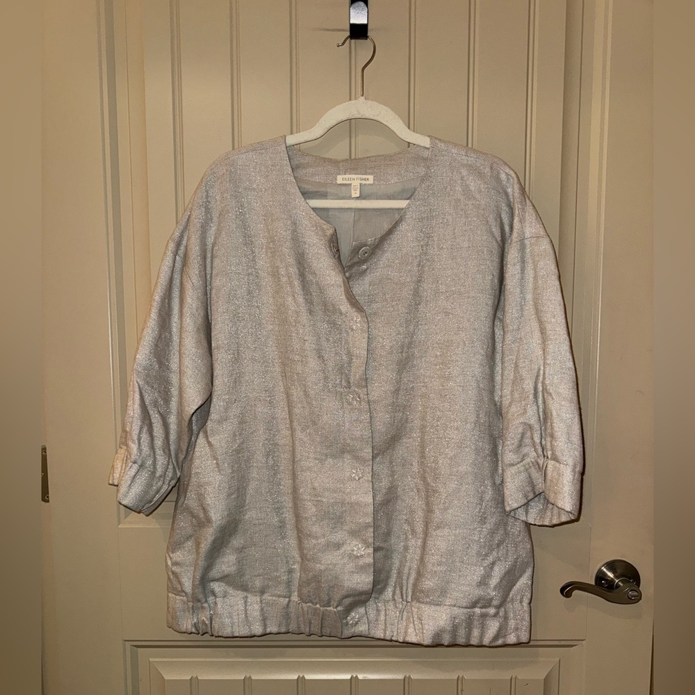 Eileen Fisher Metallic Sand Linen Snap Front Jacket Wide Elastic Trim Size Med